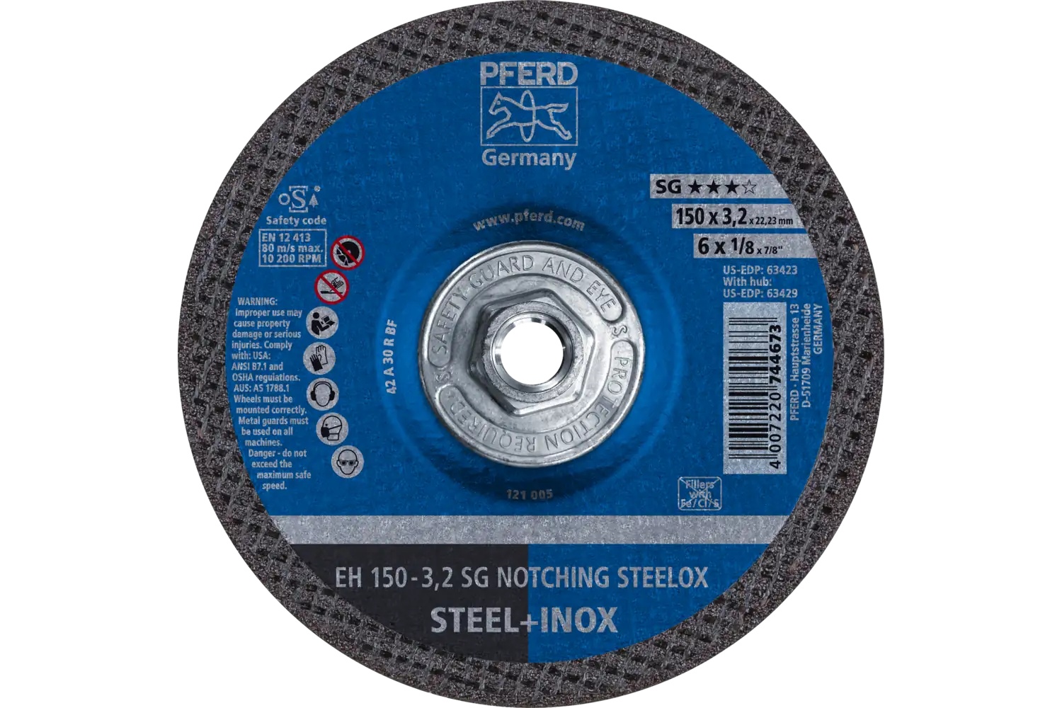 Picture of Pferd Grinding Wheel, 6" X 1/8 X 5/8-11, Sg Notching Steelox, T27, Aluminum Oxide
